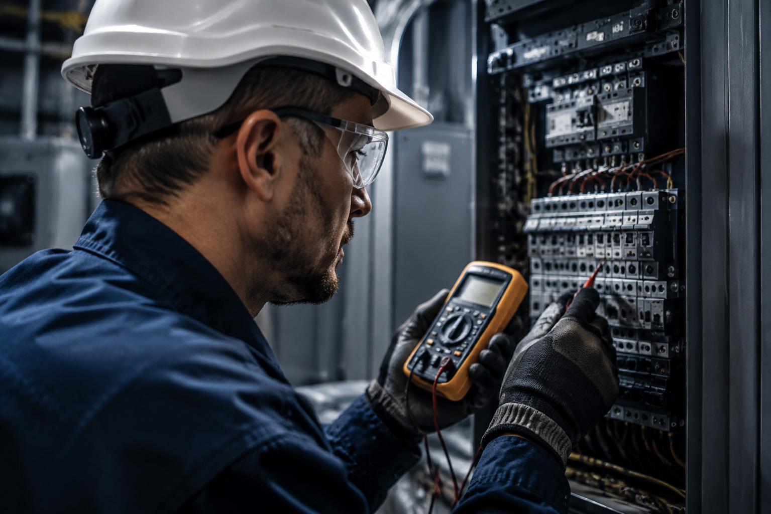 An electrician using a multimeter to test breakers in a commercial electrical panel.