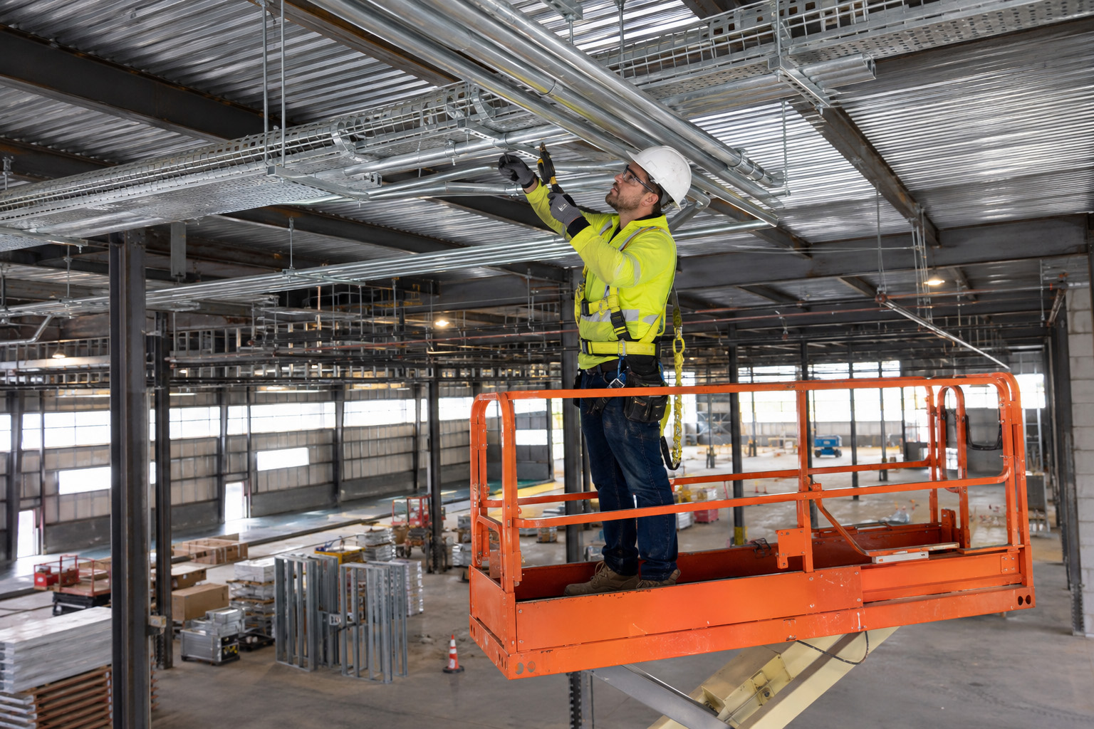 An electrician on a lift running conduit on a commercial construction project.