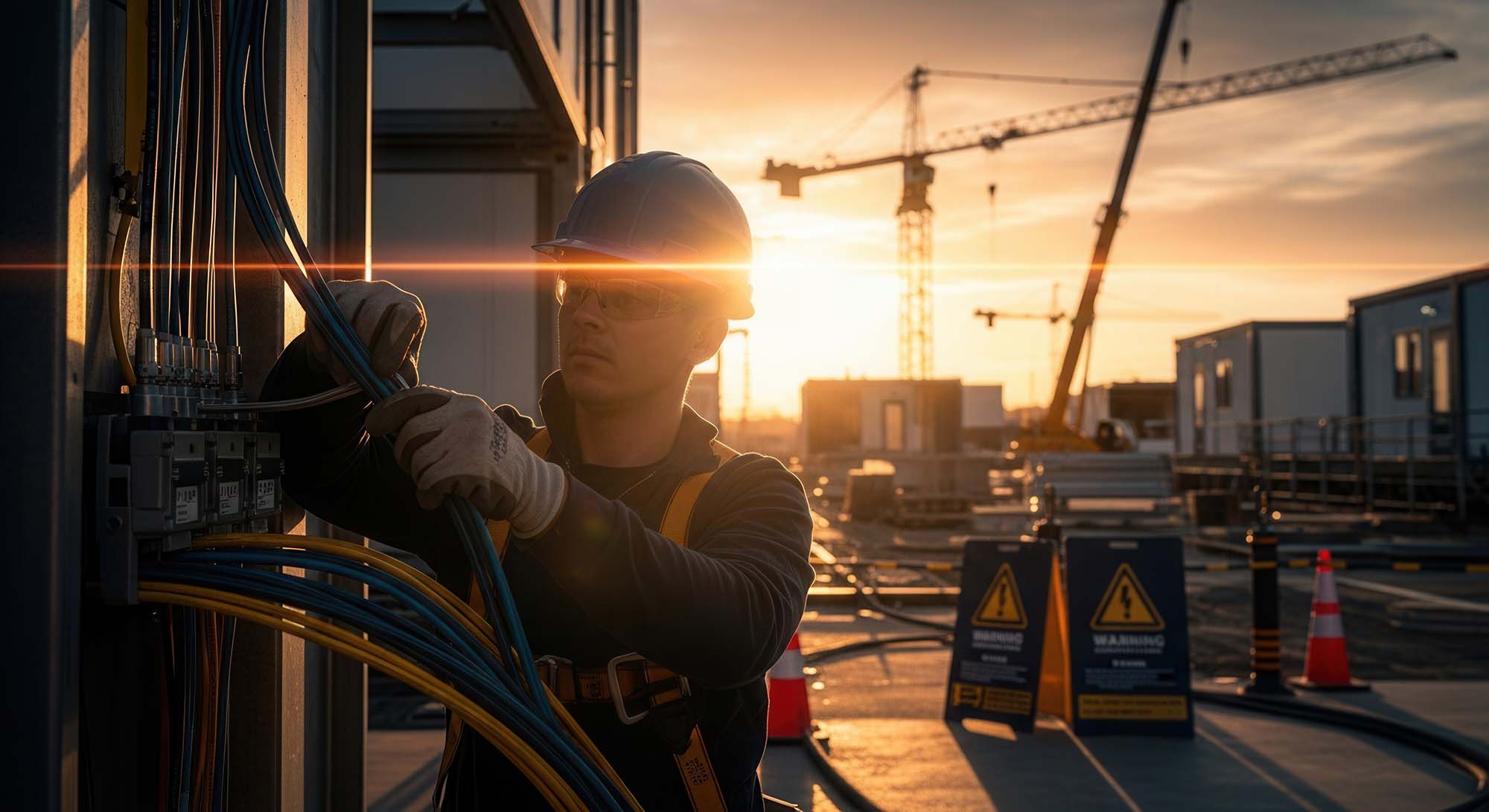 An electrician routing cables on a commercial construction site at sunset.
